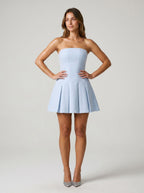 Sky Blue Satin A-Line Straight Neck Back Zip Short Dress with Box Pleats - Curvevia
