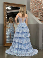 A-Line Lace Off-the-Shoulder Tiered Long Prom Dress with Slit - Curvevia