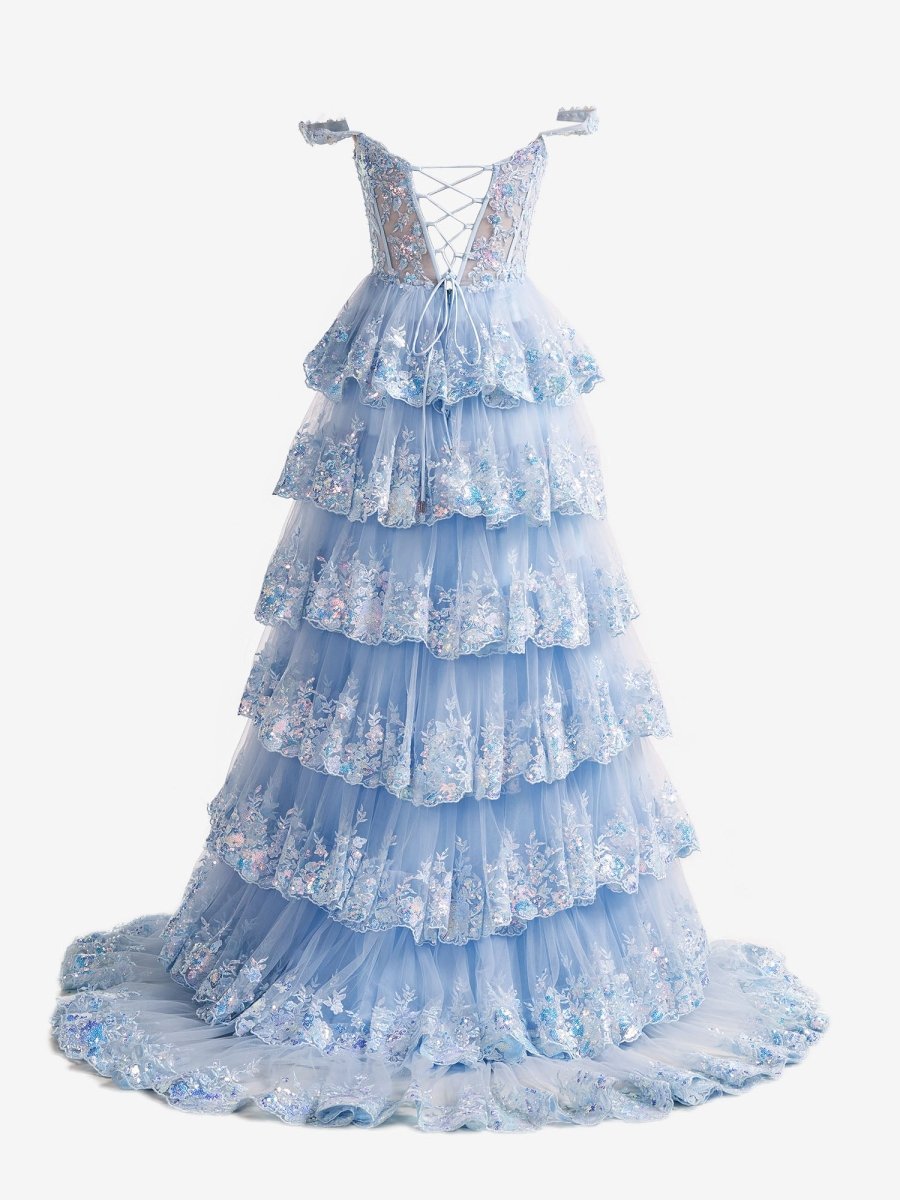A-Line Lace Off-the-Shoulder Tiered Long Prom Dress with Slit - Curvevia