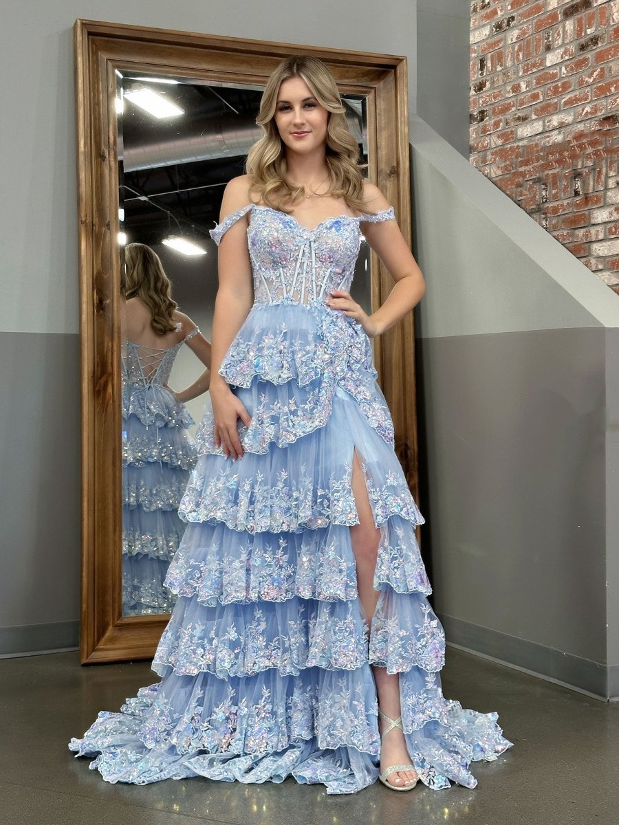 A-Line Lace Off-the-Shoulder Tiered Long Prom Dress with Slit - Curvevia