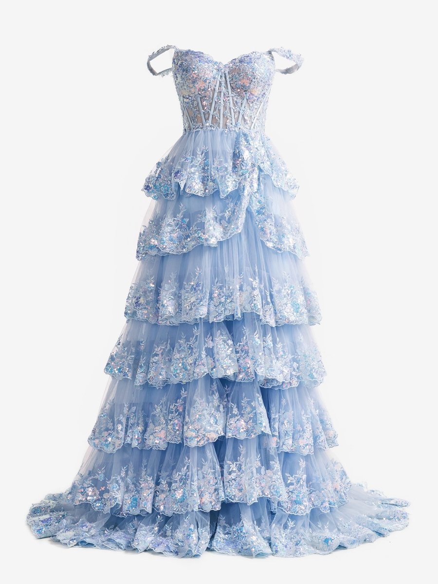 A-Line Lace Off-the-Shoulder Tiered Long Prom Dress with Slit - Curvevia