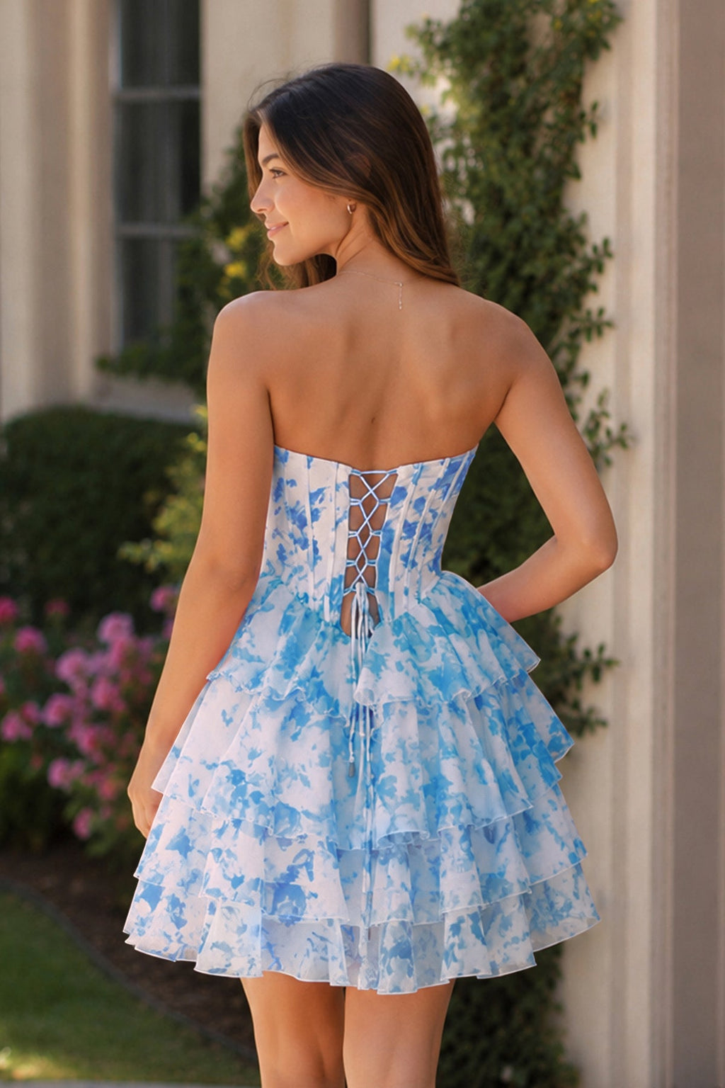 Pink A Line Sweetheart Floral Chiffon Ruffles Wedding Guest Dress With Beading - Curvevia