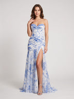 Blue Floral Chiffon A-Line Sweetheart Corset Back Floor-Length Dress with Slit and Sweep Train - Curvevia