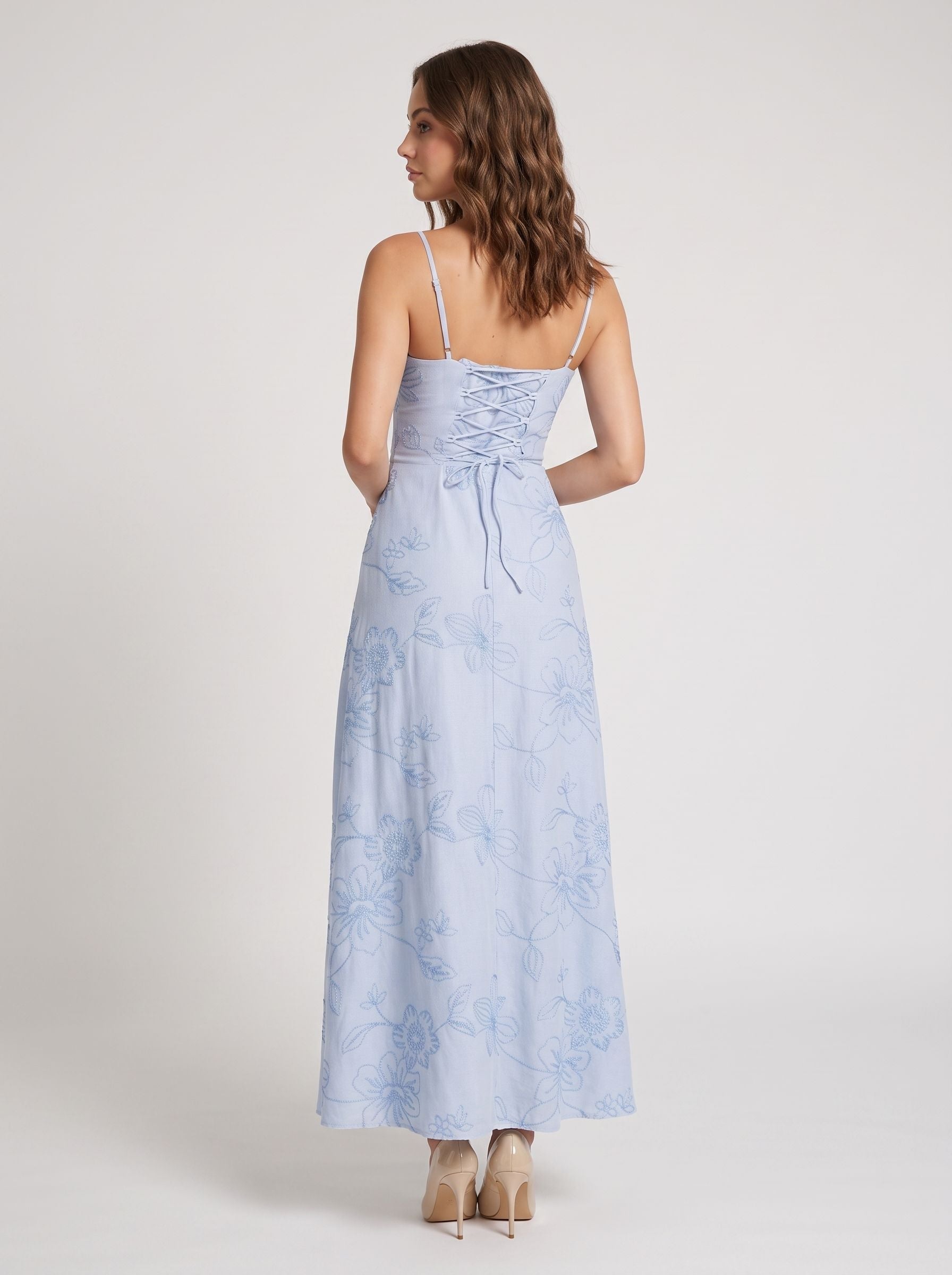 Sky Blue Floral Lace A-Line Sweetheart Lace-up Floor-Length Dress with Lurex Floral Embroidery - Curvevia