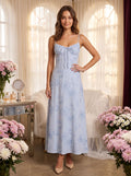Sky Blue Floral Lace A-Line Sweetheart Lace-up Floor-Length Dress with Lurex Floral Embroidery - Curvevia