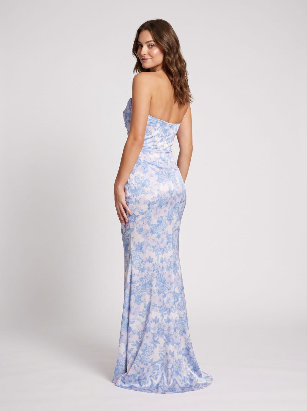 Blue Floral Satin Sheath Straight Neck Back Zip Floor-Length Dress with Side Ruching - Curvevia