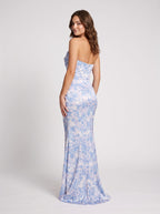 Blue Floral Satin Sheath Straight Neck Back Zip Floor-Length Dress with Side Ruching - Curvevia