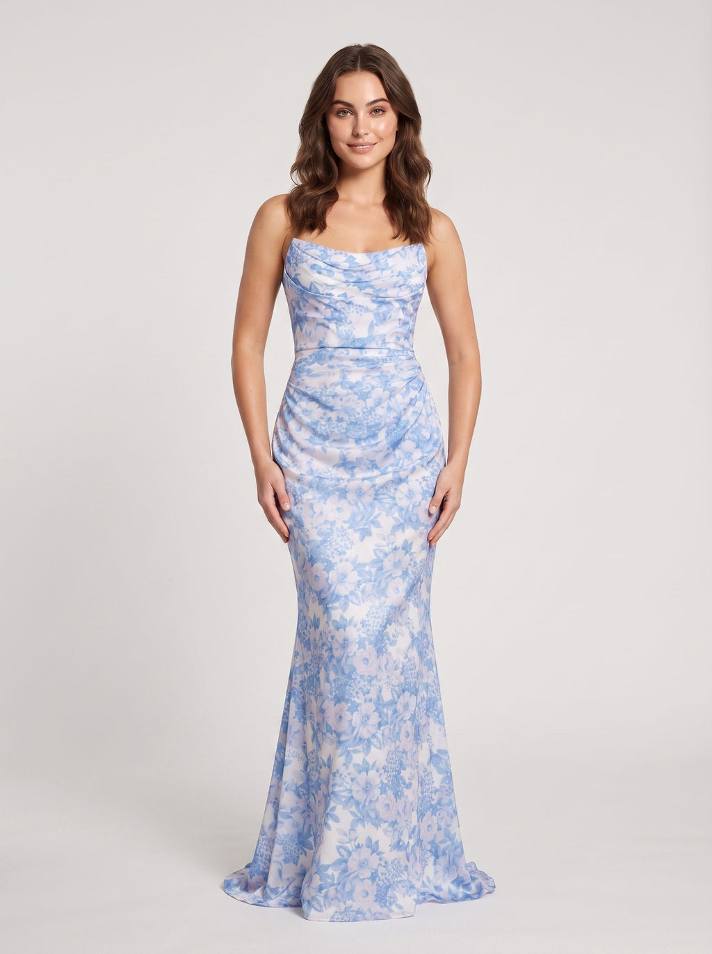 Blue Floral Satin Sheath Straight Neck Back Zip Floor-Length Dress with Side Ruching - Curvevia