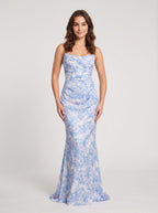 Blue Floral Satin Sheath Straight Neck Back Zip Floor-Length Dress with Side Ruching - Curvevia