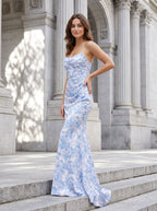 Blue Floral Satin Sheath Straight Neck Back Zip Floor-Length Dress with Side Ruching - Curvevia