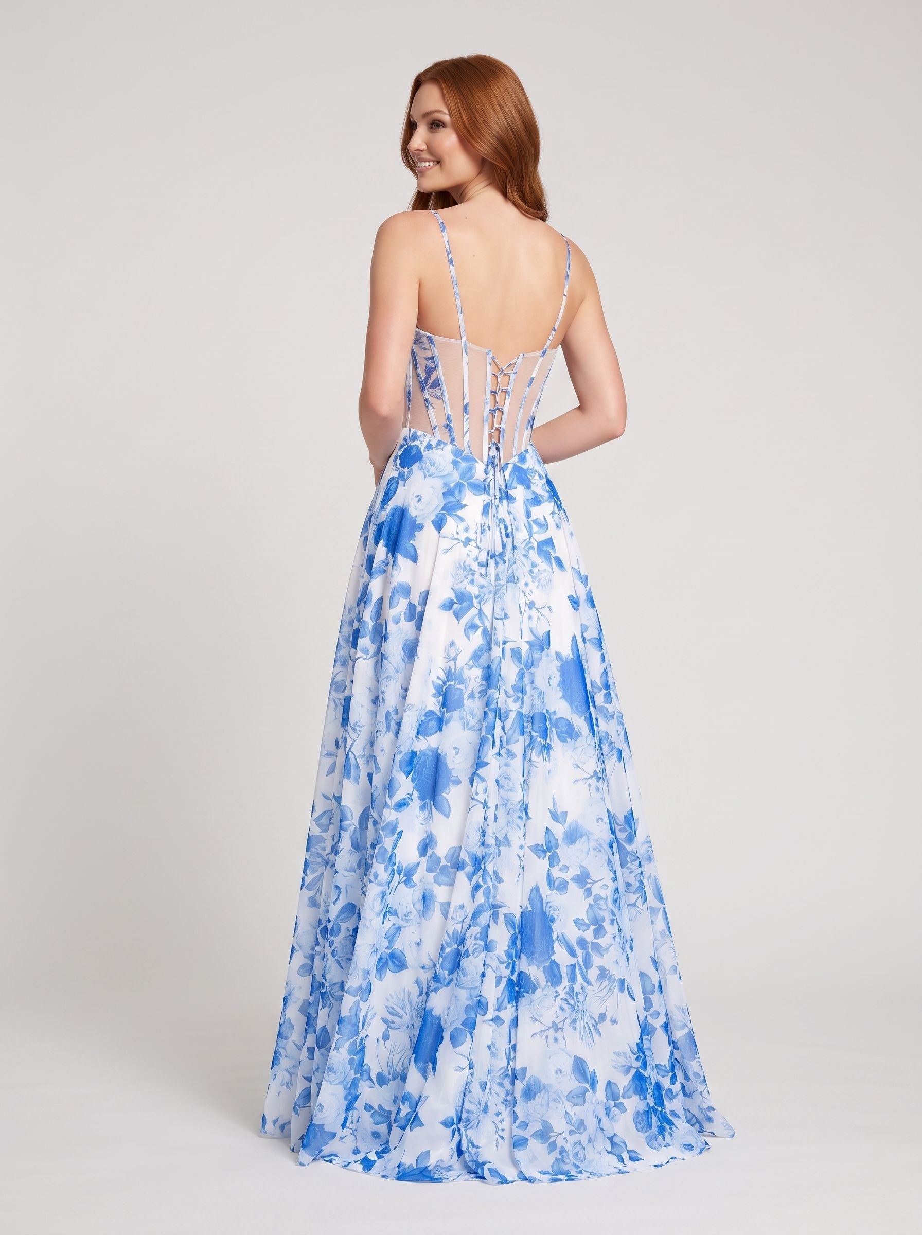Blue Floral Chiffon A-Line Sweetheart Corset Back Floor-Length Dress with Sheer Bodice - Curvevia