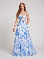 Blue Floral Chiffon A-Line Sweetheart Corset Back Floor-Length Dress with Sheer Bodice - Curvevia