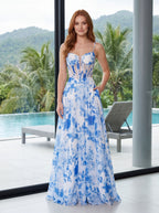 Blue Floral Chiffon A-Line Sweetheart Corset Back Floor-Length Dress with Sheer Bodice - Curvevia