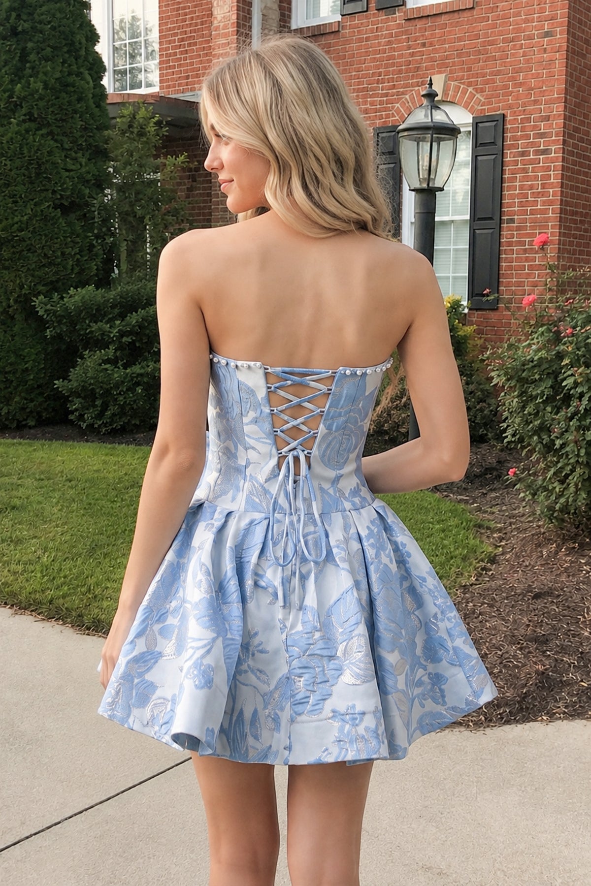 Blue Flower Jacquard Strapless A-Line Bowknot Homecoming Dress With Pearl - Curvevia