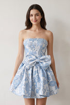 Blue Flower Jacquard Strapless A-Line Bowknot Homecoming Dress With Pearl - Curvevia