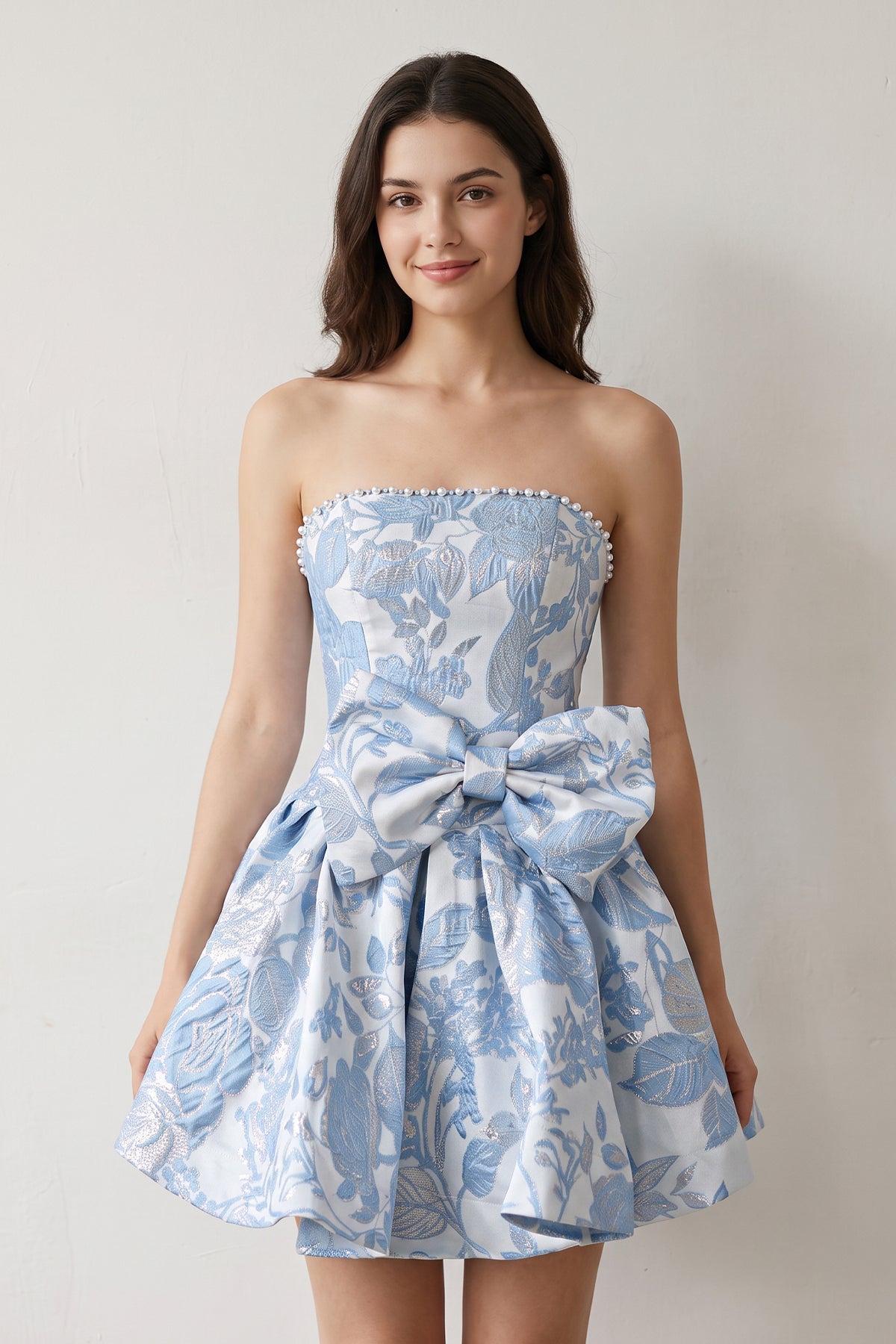 Blue Flower Jacquard Strapless A-Line Bowknot Homecoming Dress With Pearl - Curvevia