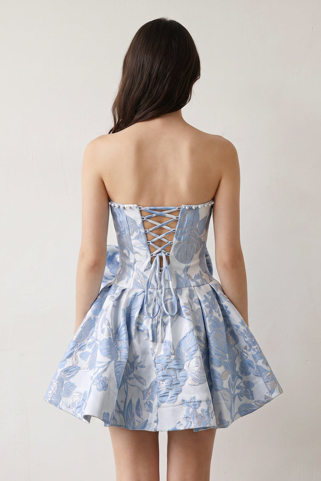 Blue Flower Jacquard Strapless A-Line Bowknot Homecoming Dress With Pearl - Curvevia