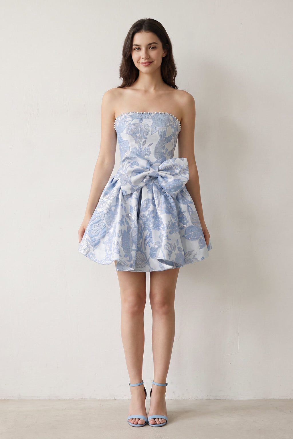 Blue Flower Jacquard Strapless A-Line Bowknot Homecoming Dress With Pearl - Curvevia