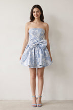 Blue Flower Jacquard Strapless A-Line Bowknot Homecoming Dress With Pearl - Curvevia