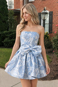 Blue Flower Jacquard Strapless A-Line Bowknot Homecoming Dress With Pearl - Curvevia