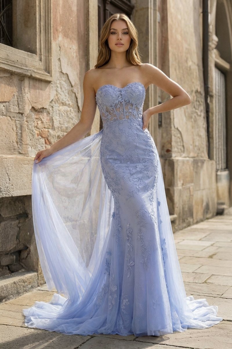 Blue Mermaid Sweetheart Neck Lace Long Prom Dress With Appliques - Curvevia