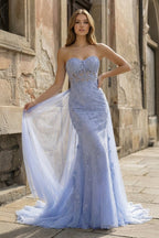 Blue Mermaid Sweetheart Neck Lace Long Prom Dress With Appliques - Curvevia