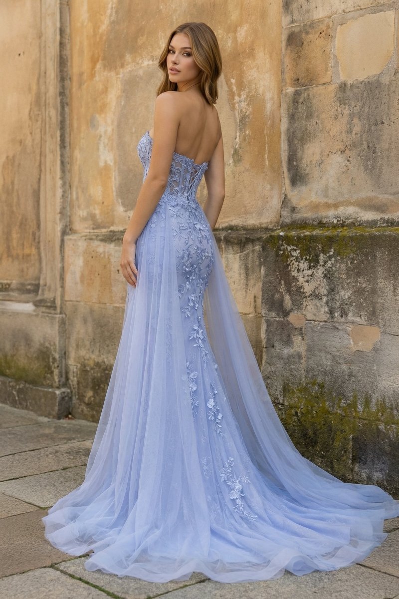 Blue Mermaid Sweetheart Neck Lace Long Prom Dress With Appliques - Curvevia