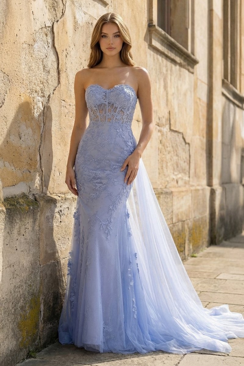 Blue Mermaid Sweetheart Neck Lace Long Prom Dress With Appliques - Curvevia