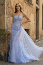 Blue Mermaid Sweetheart Neck Lace Long Prom Dress With Appliques - Curvevia