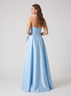 Sky Blue Satin A-Line Sweetheart Back Zip Floor-Length Dress with Side Pockets - Curvevia