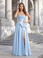 Sky Blue Satin A-Line Sweetheart Back Zip Floor-Length Dress with Side Pockets - Curvevia