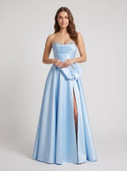 Sky Blue Satin A-Line Sweetheart Back Zip Floor-Length Dress with Side Pockets - Curvevia