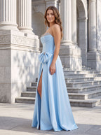 Sky Blue Satin A-Line Sweetheart Back Zip Floor-Length Dress with Side Pockets - Curvevia