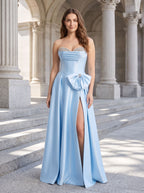 Sky Blue Satin A-Line Sweetheart Back Zip Floor-Length Dress with Side Pockets - Curvevia