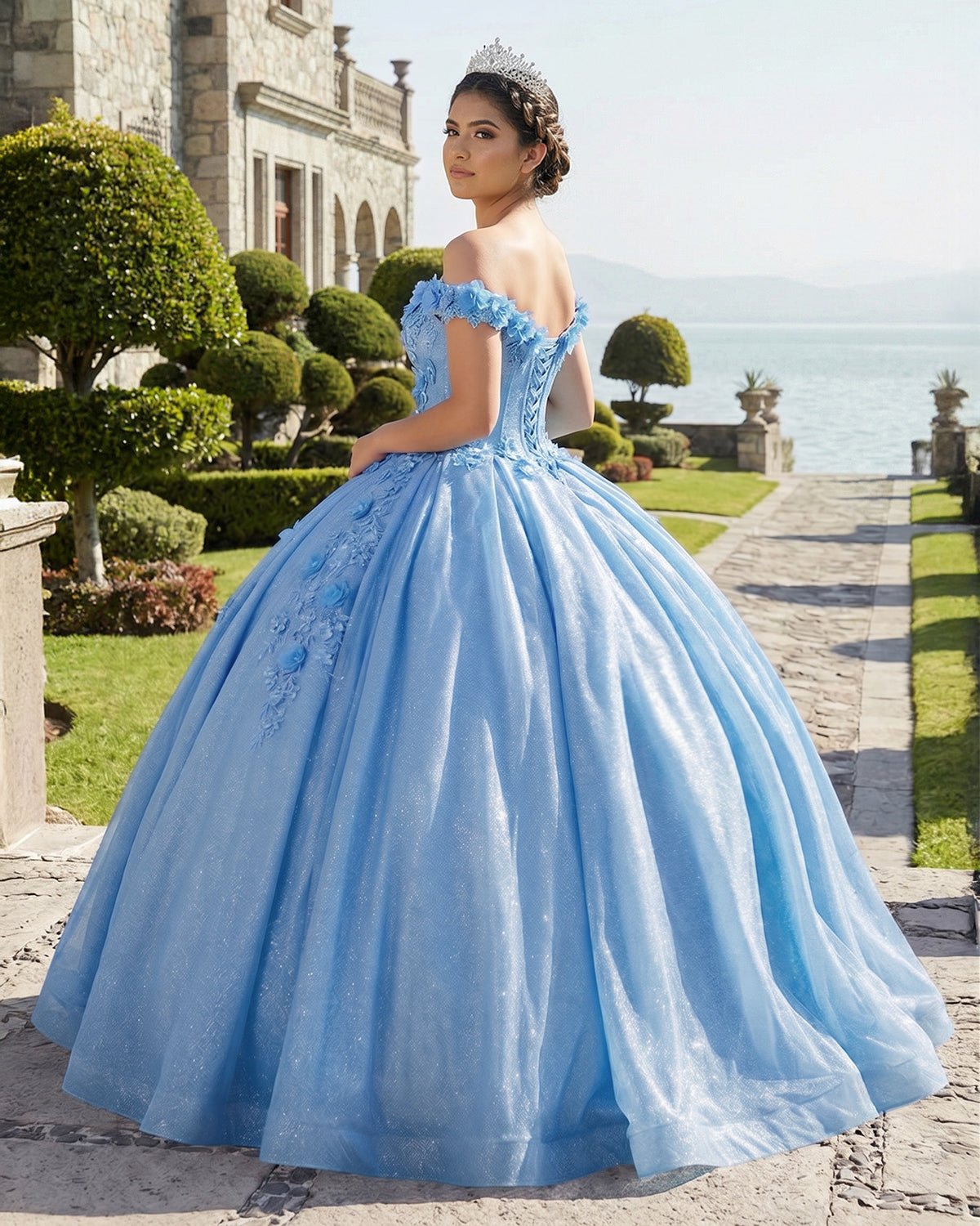 Off the Shoulder Lavender Glitter 3D Floral Quinceanera Dresses - Curvevia