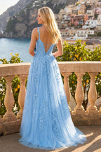 A-line V Neck Lace Tulle Evening Dress With Slit - Curvevia