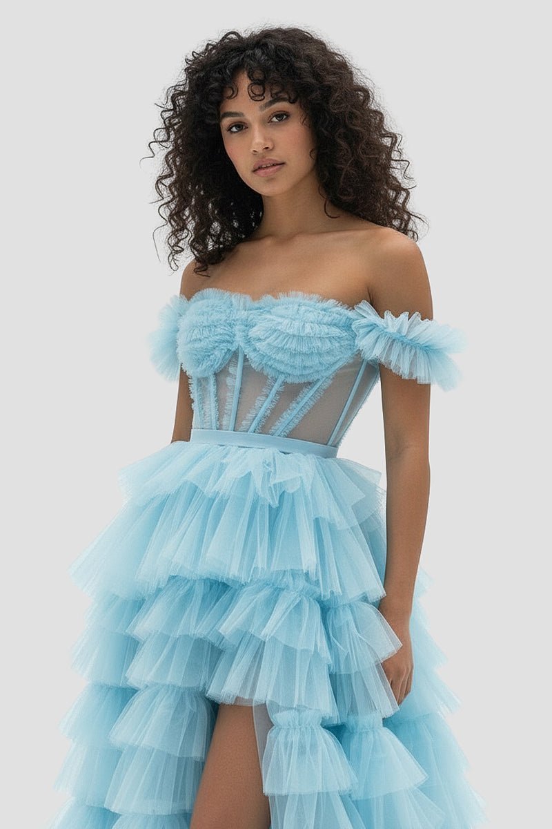Royal Blue Off the Shoulder Ruffle Tiered Tulle Long Prom Dresses with Slit - Curvevia