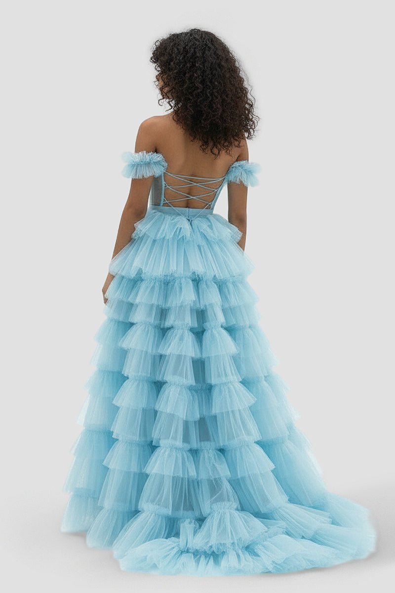 Royal Blue Off the Shoulder Ruffle Tiered Tulle Long Prom Dresses with Slit - Curvevia