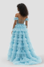 Royal Blue Off the Shoulder Ruffle Tiered Tulle Long Prom Dresses with Slit - Curvevia