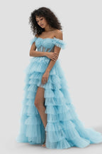 Royal Blue Off the Shoulder Ruffle Tiered Tulle Long Prom Dresses with Slit - Curvevia