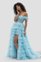 Royal Blue Off the Shoulder Ruffle Tiered Tulle Long Prom Dresses with Slit - Curvevia