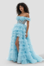 Royal Blue Off the Shoulder Ruffle Tiered Tulle Long Prom Dresses with Slit - Curvevia
