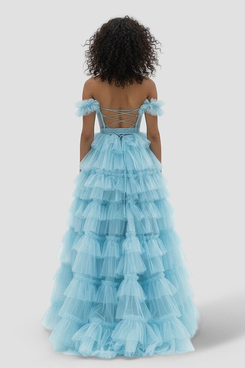 Royal Blue Off the Shoulder Ruffle Tiered Tulle Long Prom Dresses with Slit - Curvevia