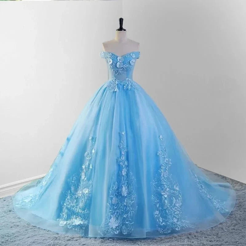 Sky Blue Tulle 3D Flowers Quinceanera Dresses With Train - Curvevia