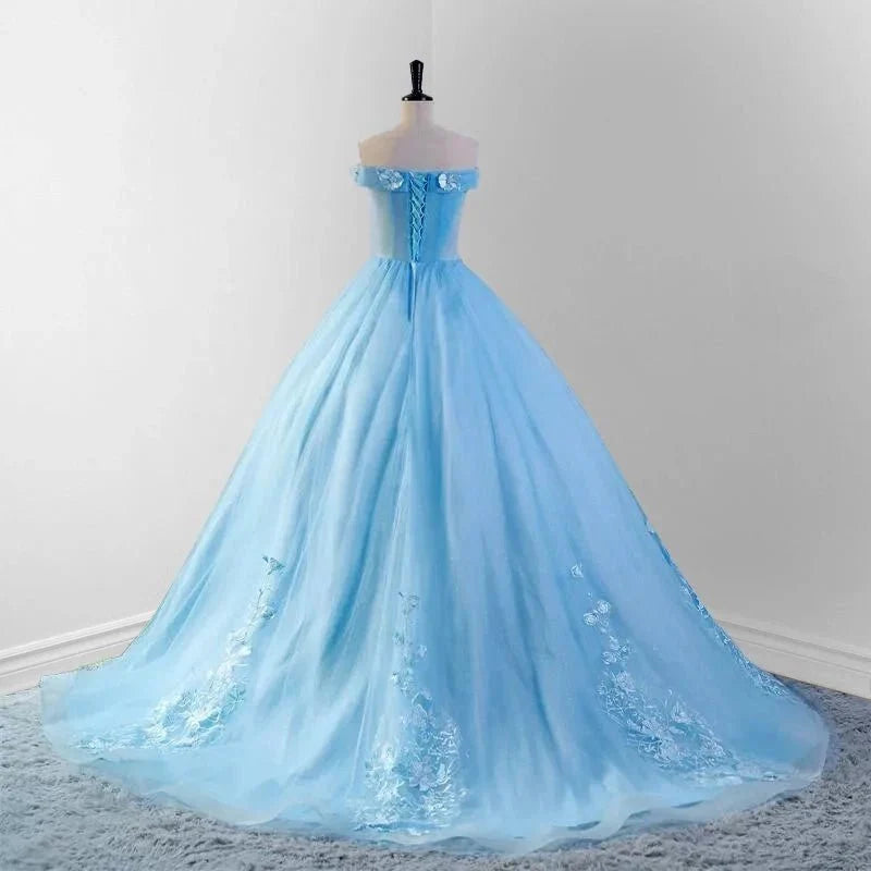 Sky Blue Tulle 3D Flowers Quinceanera Dresses With Train - Curvevia