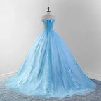 Sky Blue Tulle 3D Flowers Quinceanera Dresses With Train - Curvevia