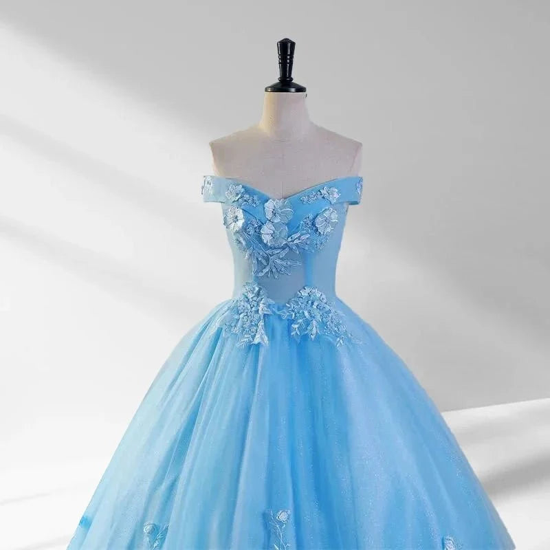 Sky Blue Tulle 3D Flowers Quinceanera Dresses With Train - Curvevia