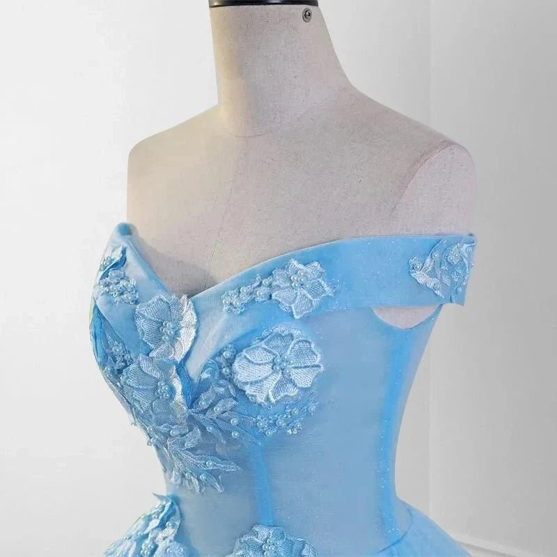 Sky Blue Tulle 3D Flowers Quinceanera Dresses With Train - Curvevia
