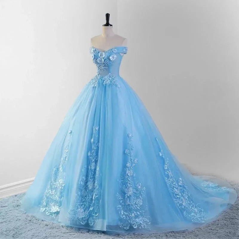 Sky Blue Tulle 3D Flowers Quinceanera Dresses With Train - Curvevia