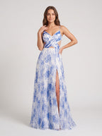 Blue Print Chiffon A-Line V-Neck V-Back Floor-Length Dress with Sheer Side Cutouts and Slit - Curvevia